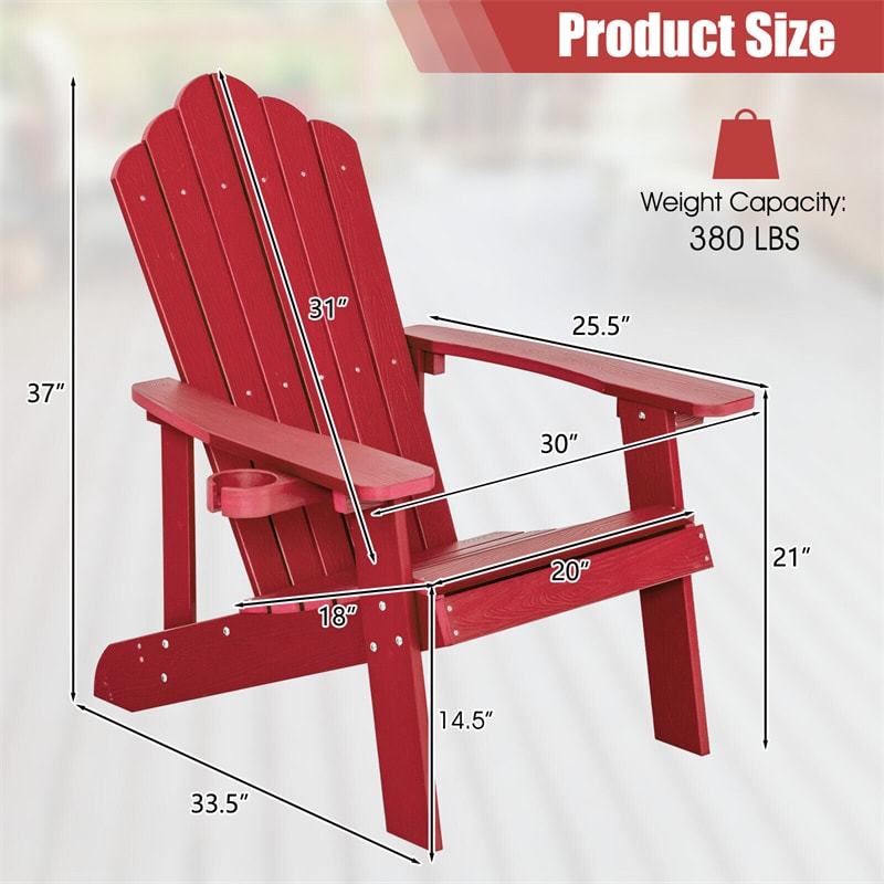 Outdoor HIPS Adirondack Chair, Weather Resistant Wood Fire Pit Chair with Hidden Cup Holder & 380 LBS Capacity for Patio, Backyard, Garden