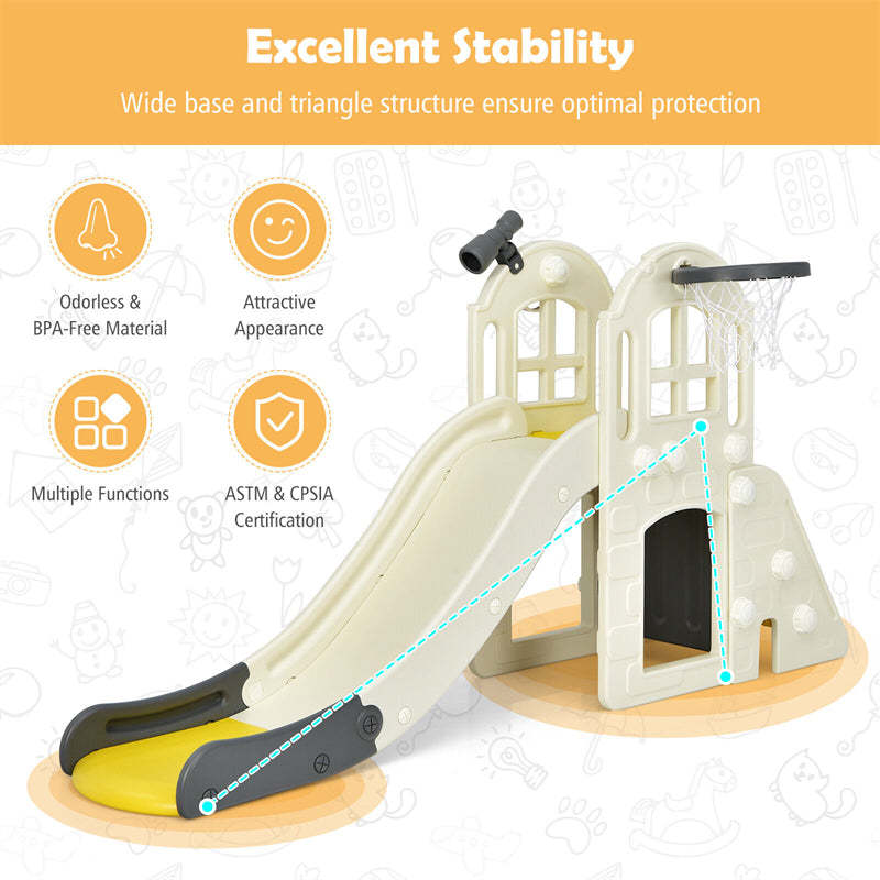 6-in-1 Large Slide for Kids, Toddler Climber Slide Playset with Basketball Hoop, Ring Toss, Freestanding for Indoor & Outdoor Use