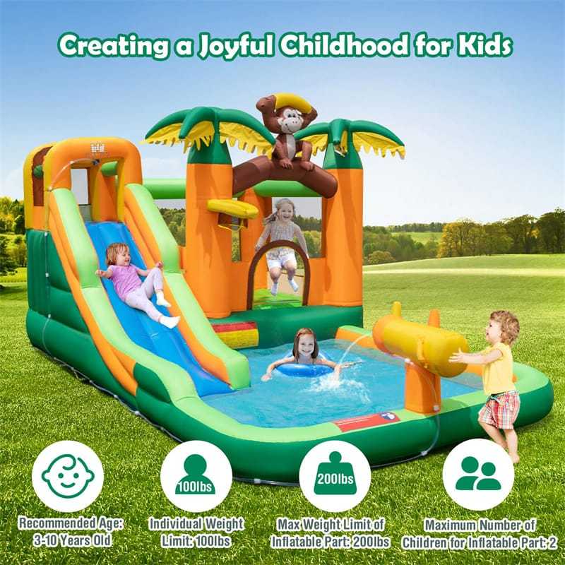 Inflatable Water Slide 7-in-1 Jungle Monkey Theme Bounce House Water Park with Long Slide, Splash Pool & Climbing Wall for Kids Backyard Party Gifts
