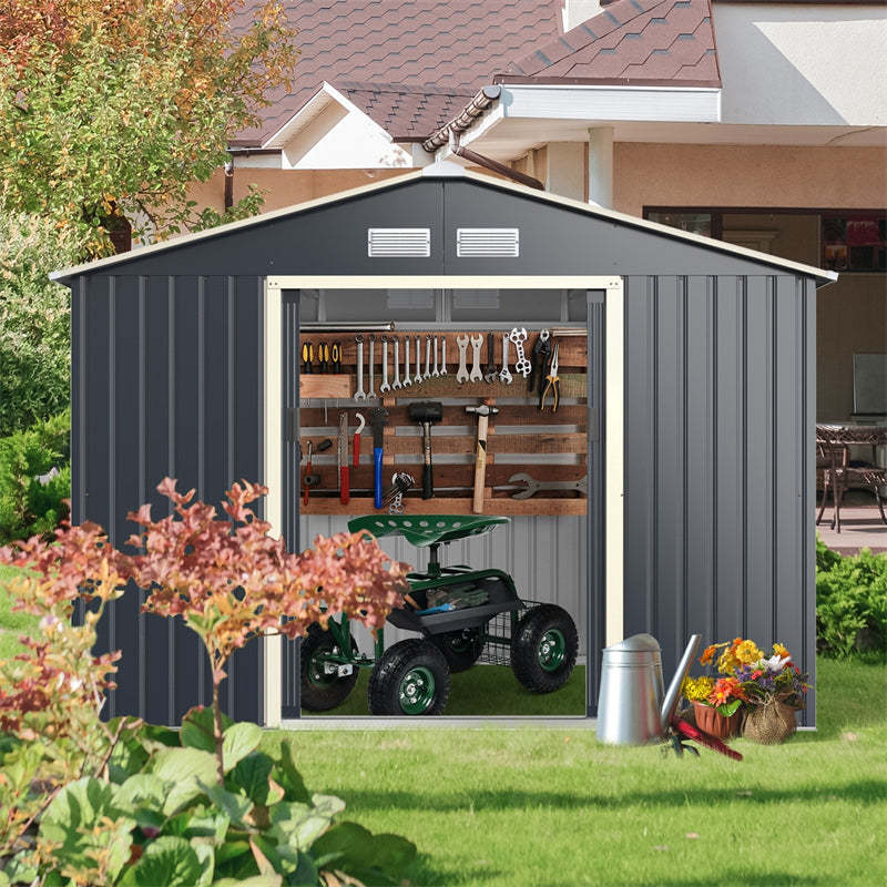 9’ x 6’ Outdoor Metal Storage Shed with 4 Vents & Sliding Double Lockable Doors for Garden Backyard
