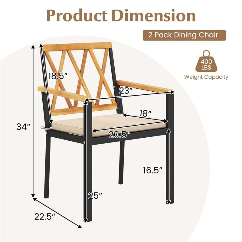 Metal Patio Dining Chairs with Removable Padded Cushions, Acacia Wood Backrests & Armrests, 400LBS Capacity Outdoor Bistro Chairs Crossed Back