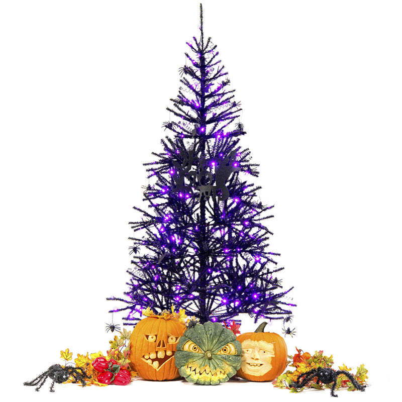 6ft Pre-lit Halloween Tree Hinged Artificial Black Christmas Tree with 250 Purple LED Lights & 25 Ornaments