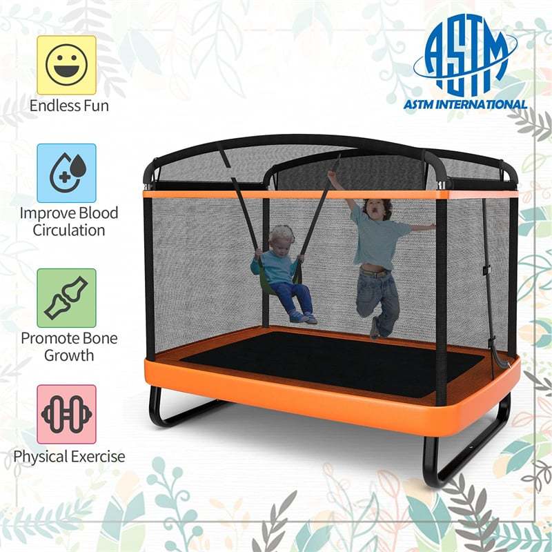6FT Kids Trampoline with Swing & Safety Enclosure Net, ASTM Approved Indoor Outdoor Rectangle Trampoline for Boys & Girls, 220lbs Capacity