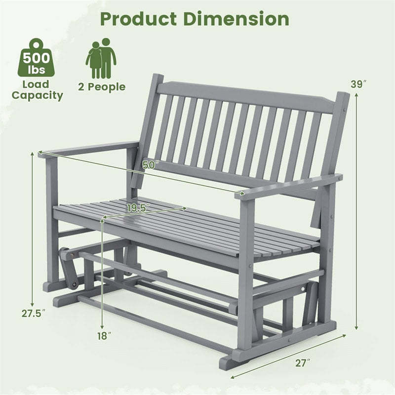 2-Person Outdoor Glider Bench with Poplar Wood Frame, Slatted Seat & Armrest Backrest, Porch Rocking Glider Loveseat for Patio, Garden & Deck