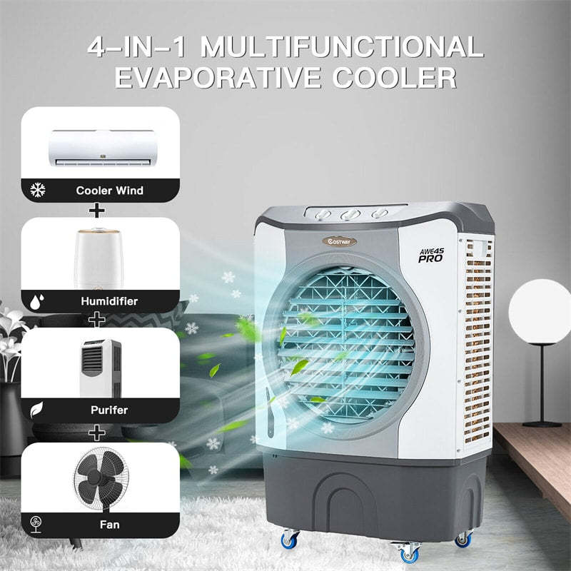 3450 CFM Industrial Evaporative Cooler, 4-in-1 Portable Air Cooler Fan Humidifier Purifier with 45L Tank, 100°Oscillation & 4 Universal Casters