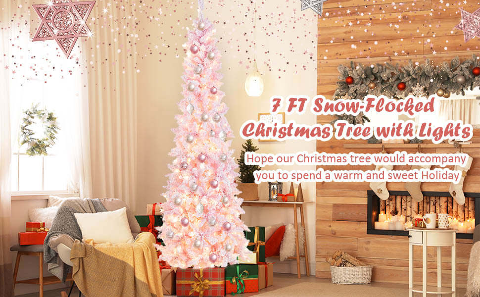 7ft Pre-Lit Pencil Christmas Tree Snow Flocked Hinged Xmas Tree with 800 Branch Tips 300 LED Lights 8 Lighting Modes