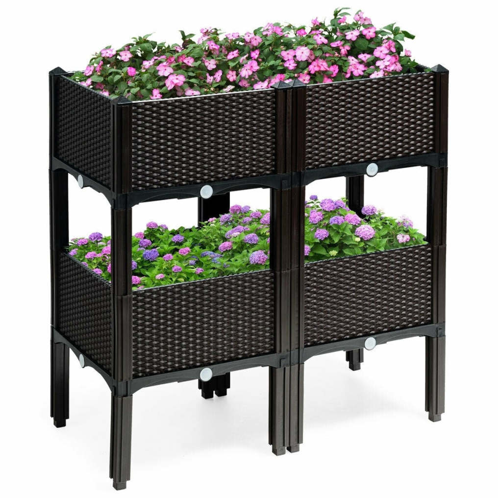 4 Pack Raised Garden Bed Kit, Self-Watering Elevated Planter Box with Removable Legs & Drainage Holes for Vegetables Flowers, Indoors Outdoors