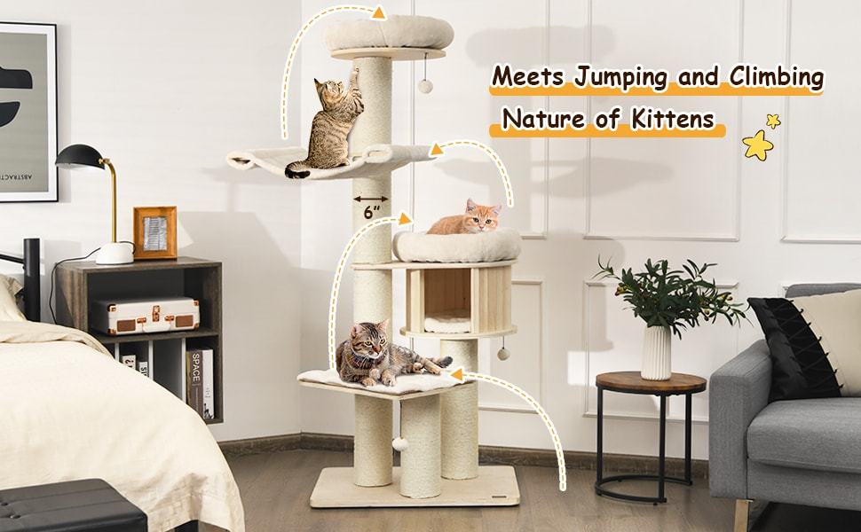 68.5" Tall Modern Cat Tree Condo 4-Level Large Wooden Cat Tower with Sisal Posts & Cushioned Hammock for Kitten Activity