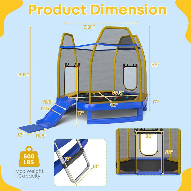 7FT Kids Trampoline, ASTM Approved Indoor Outdoor Recreational Trampoline with Safety Enclosure, Slide, Ladder & Ocean Balls for Toddlers