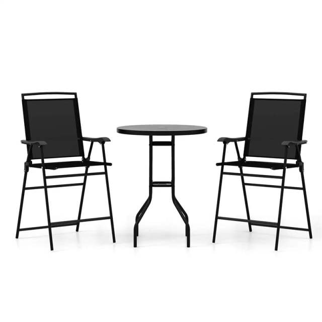 3 Piece Outdoor Bistro Set, 2 Counter Height Folding Chairs & Table Set with DPC Tabletop, Umbrella Hole, Metal Frame, Patio Bar Set for Poolside Deck