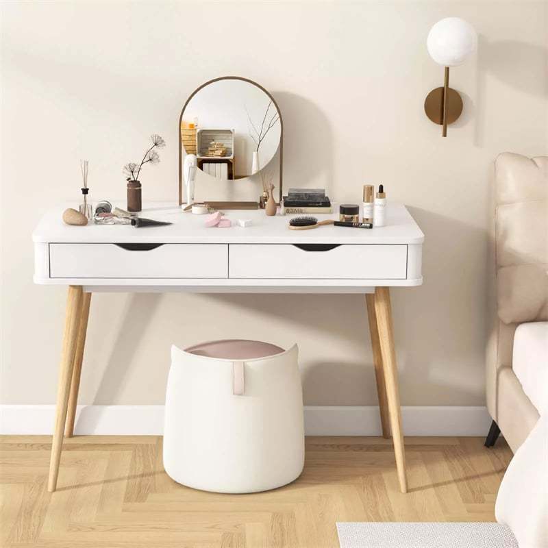 43.5" Mid-Century Desk, Modern Writing Study Desk with 2 Drawers & Rubber Wood Legs, Home Office Desk for Small Space, Vanity Table for Bedroom