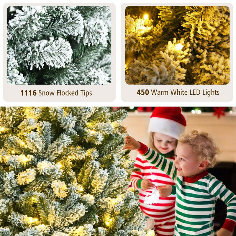 7FT Pre-Lit Snow-Flocked Hinged Christmas Tree with 1116 Branch Tips