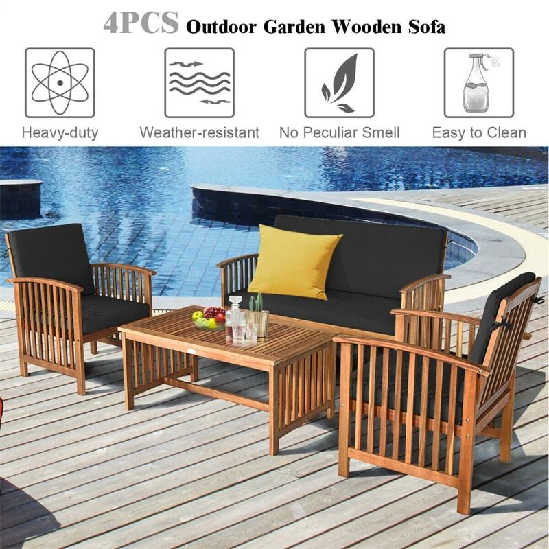 4 Pcs Outdoor Acacia Wood Patio Sofa Set with Coffee Table & Padded Cushions