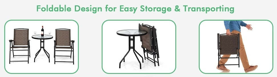 Bestoutdor 3PCS Patio Bistro Set Outdoor Folding Chairs with Round Tempered Glass Table, All Weather Garden Furniture for Poolside Yard