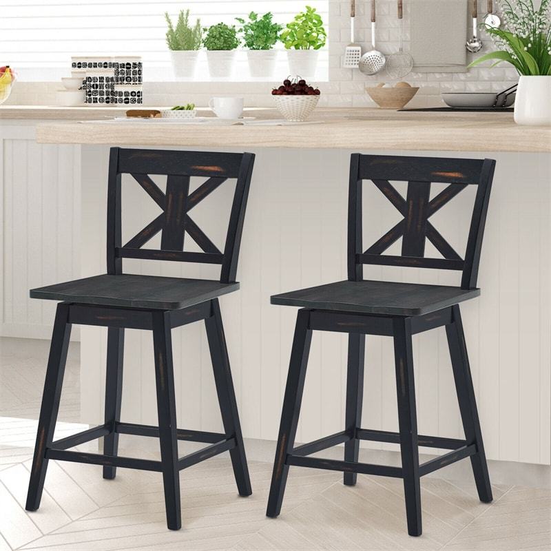 24" Rubber Wood Bar Stools Set of 2, 360° Swivel Counter Height Bar Chairs with Back & Non-Slip Foot Pads for Kitchen Island, Dining Room, Restaurant