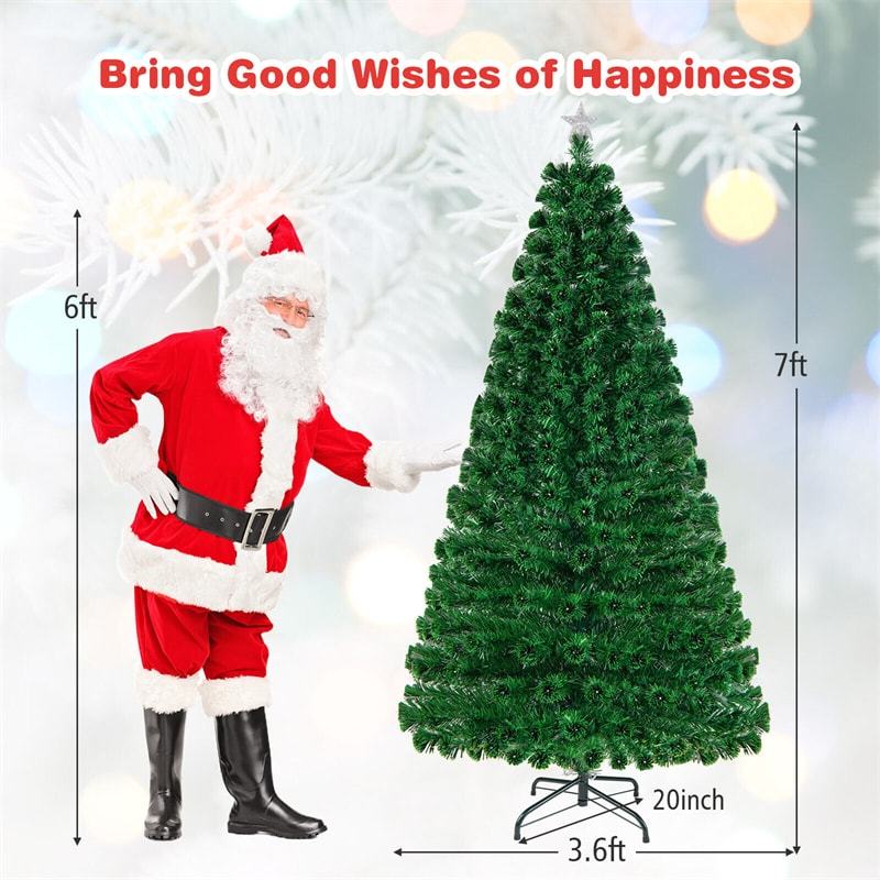 7FT Pre-Lit Fiber Optic Christmas Tree Full Artificial Xmas Tree with Colorful LED Lights, 8 Lighting Modes & Metal Stand