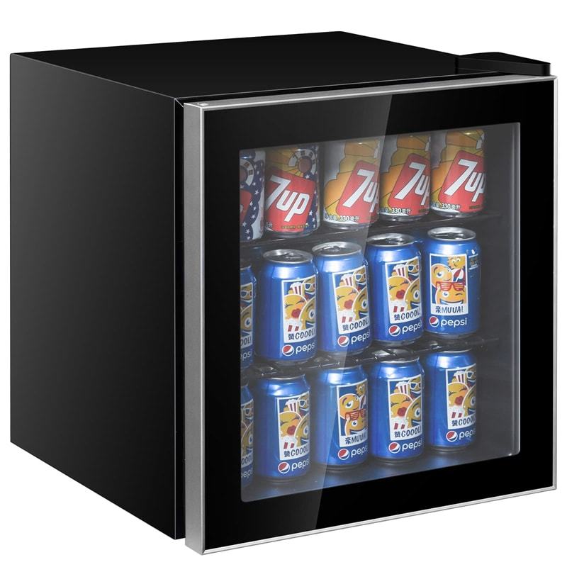 60 Can Mini Beverage Refrigerator, 1.6 Cu.Ft Freestanding Drink Fridge with Glass Door & Removable Shelves, Compact Beverage Cooler for Home Office