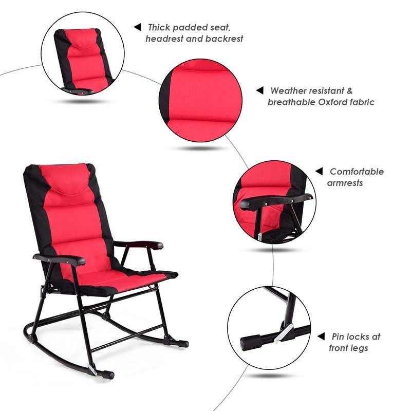 3 Piece Outdoor Folding Bistro Set, High Back Patio Rocking Chairs with Padded Seat & Glass Table for Backyard, Poolside & Deck