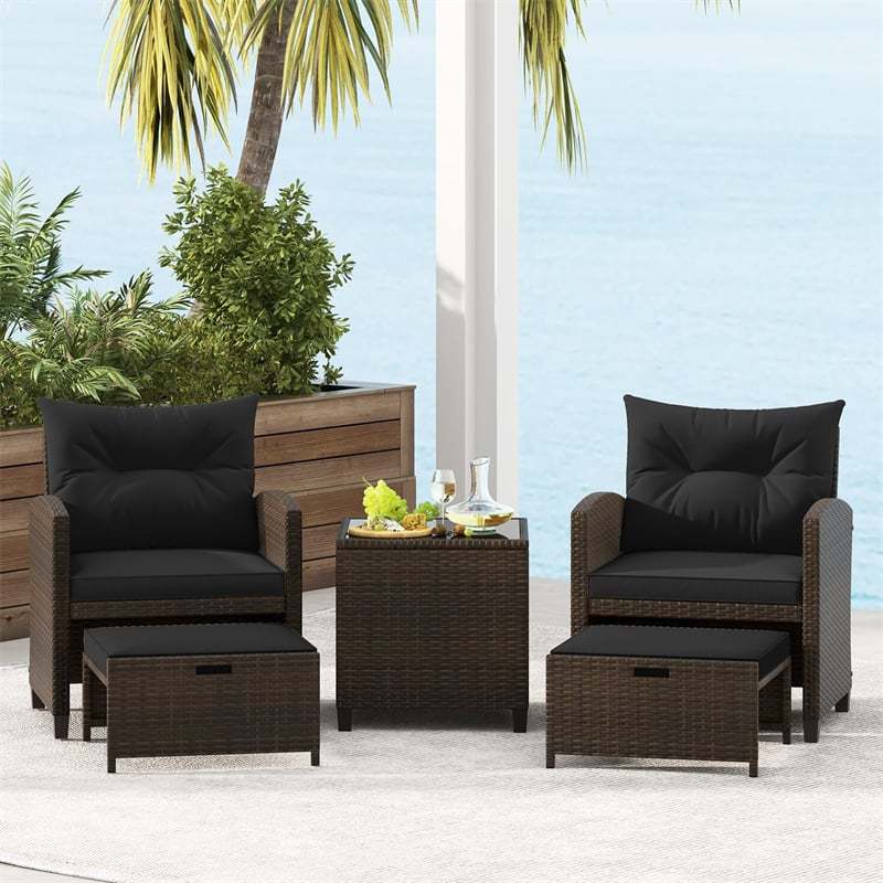 5-Piece Patio Rattan Furniture Set, Cushioned Wicker Chairs with 2 Ottomans & Glass Coffee Table, Outdoor Sectional for Porch Backyard Poolside