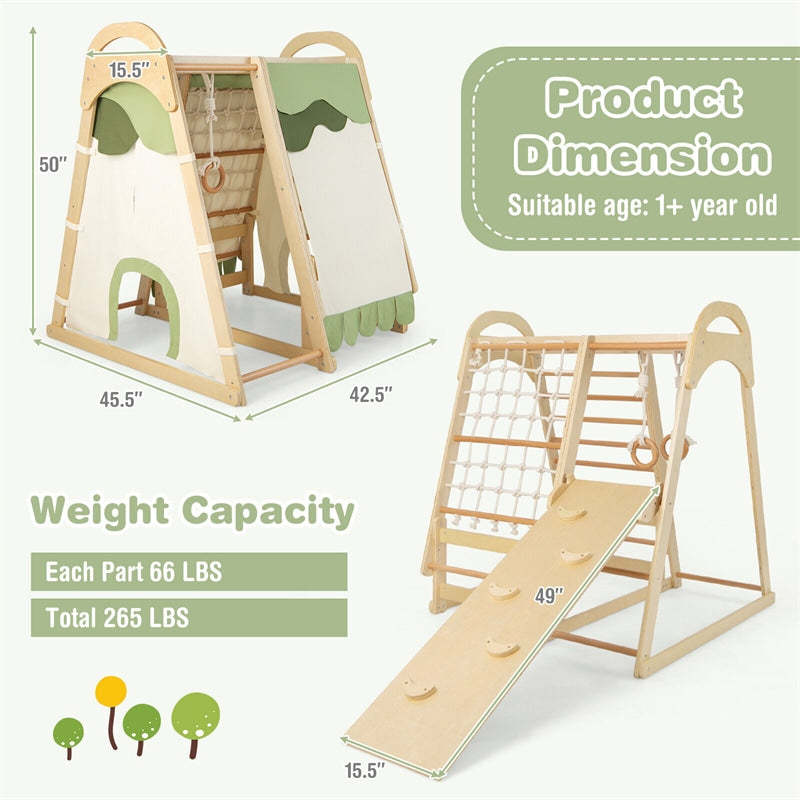 Wooden Indoor Playground 7-in-1 Kids Indoor Jungle Gym with Reversible Slide, Climbing Net, Removable Play Tent, Montessori Climbing Toys for Toddlers
