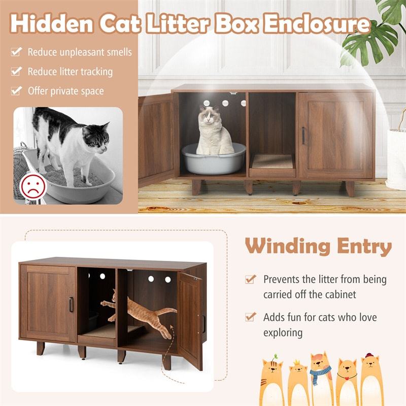 Cat Litter Box Enclosure Furniture Hidden Cat Washroom TV Stand End Table with 2 Litter Boxes & Scratching Board
