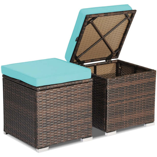 2PCS Wicker Patio Ottomans Hand-Woven PE Rattan Multipurpose Outdoor Footstool Side Table with Removable Cushions & Hidden Storage Box