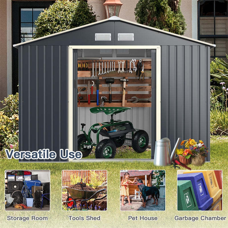 9’ x 6’ Outdoor Metal Storage Shed with 4 Vents & Sliding Double Lockable Doors for Garden Backyard