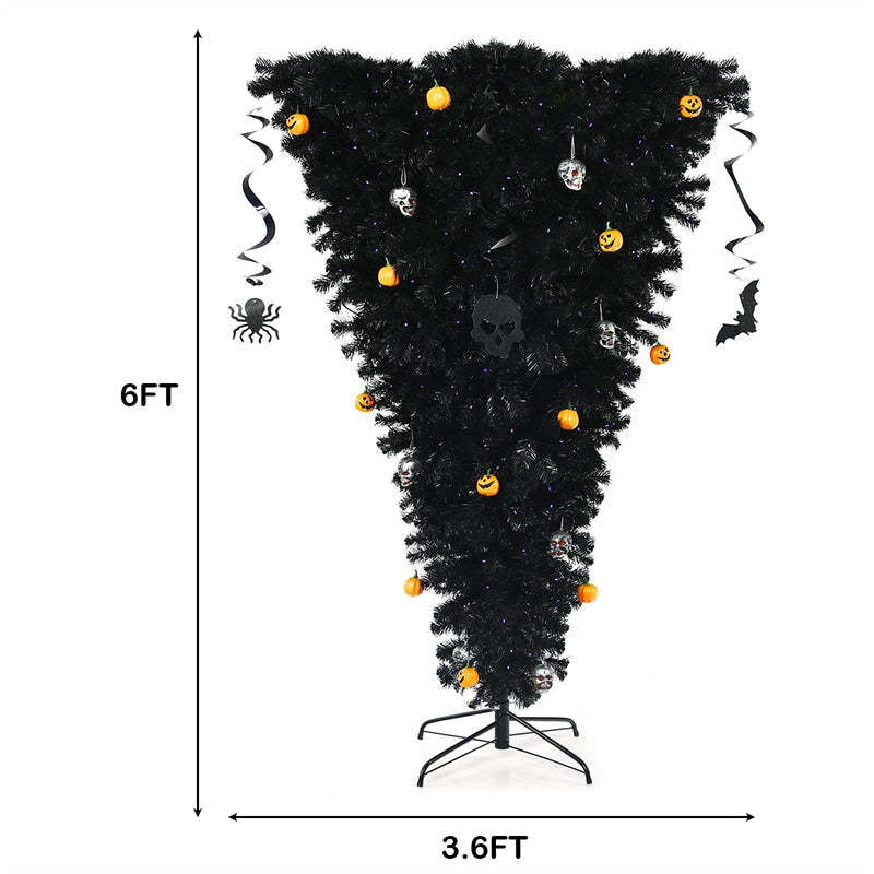 6FT Pre-Lit Upside Down Christmas Tree with 270 Purple LED Lights, Black Halloween Tree Artificial Inverted Xmas Tree for Holiday Party Decor