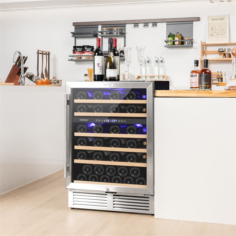 24" Dual Zone Wine Cooler, 51-Bottle Built-in & Under Counter Wine Fridge with Tempered Glass Door & Lock, Freestanding Wine Refrigerator for Home Bar