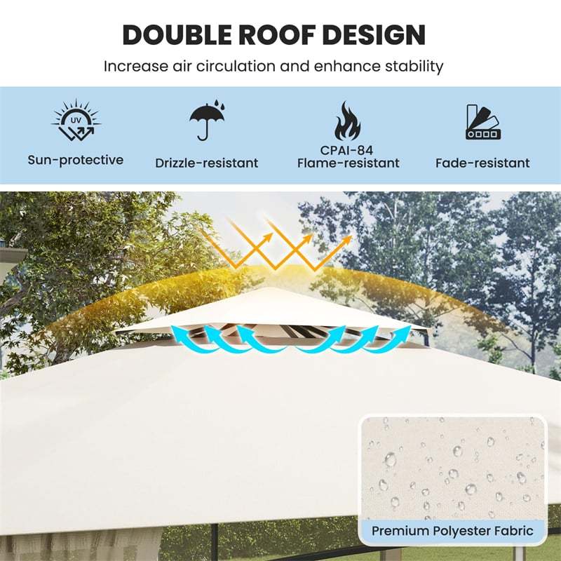 12' x 10' Outdoor Patio Gazebo with Netting, 2-Tier Canopy Roof Gazebo Tent Metal Frame Sunshade Shelter for Patio Yard Garden Lawn Deck