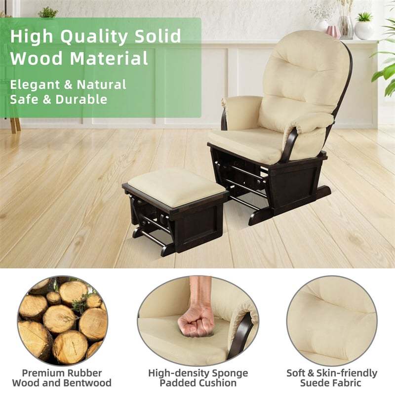 Wood Baby Glider and Ottoman Cushion Set Baby Nursery Rocking Chair with Padded Armrests & Detachable Cushion