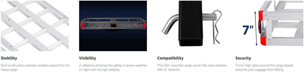 Hitch Cargo Carrier Aluminum Trailer Hitch Mount Cargo Basket Fits 2" Receiver, 500LBS Capacity Heavy Duty Vehicle Rear Luggag Rack for SUV Truck Car