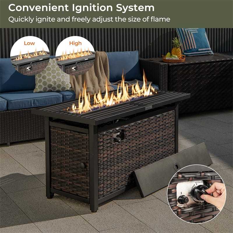 45" Rattan Propane Fire Pit Table 50,000 BTU Outdoor Rectangle Fire Pit with Glass Stones, Protective Cover, Heavy-Duty Metal Frame & Tabletop