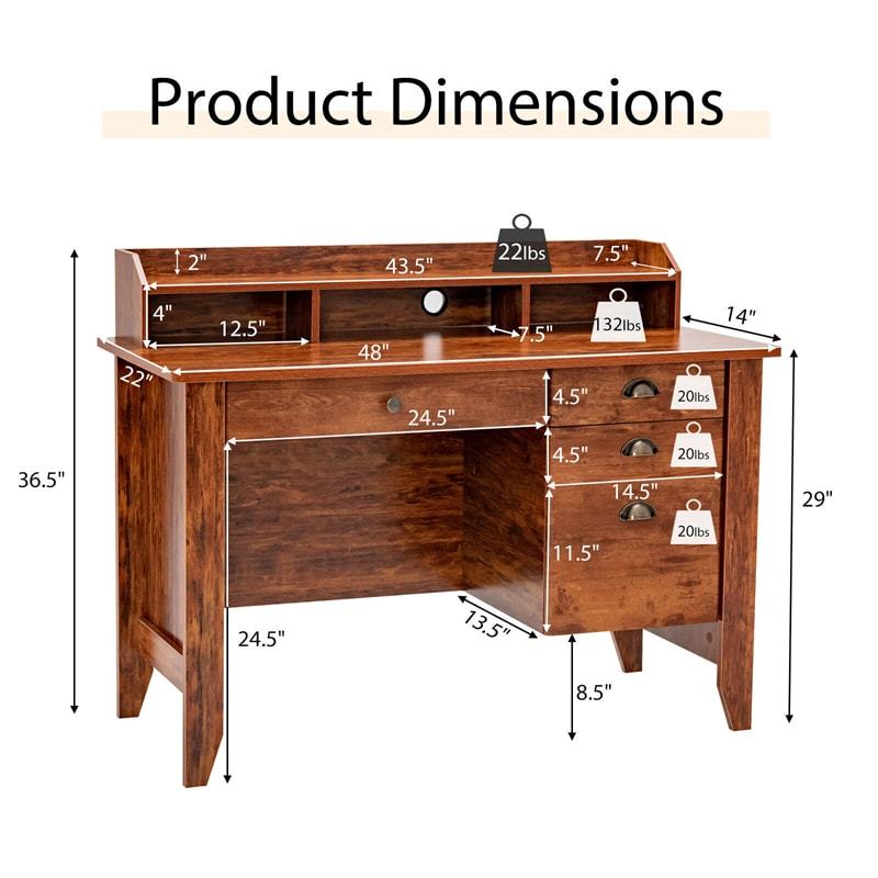 48" Wood Computer Desk with Hutch, 4 Storage Drawers & Shelves, Wooden Executive Desk for Home Office, Study Writing Desk for PC Laptop