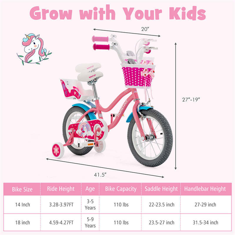14 Inch Kids Bike, Children Bicycle with Removable Training Wheels, Basket, Adjustable Seat, Steel Frame for Boys & Girls Aged 3-9