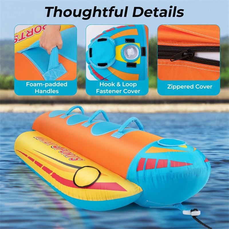 Inflatable 3-Person Towable Tube for Boating, Hot Dog Towable Tube Water Sports Banana Boat Ride with 3 EVA-Padded Seats for Towing Rider