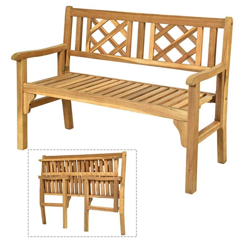 Folding Wood Outdoor Bench Acacia Garden Bench 2-Person Loveseat Chair with Curved Backrest & Armrest