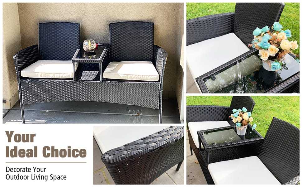 Modern Rattan 2-Seater Patio Furniture Set with Built-in Tempered Glass Table & Removable Cushions, Outdoor Furniture for Backyard, Garden