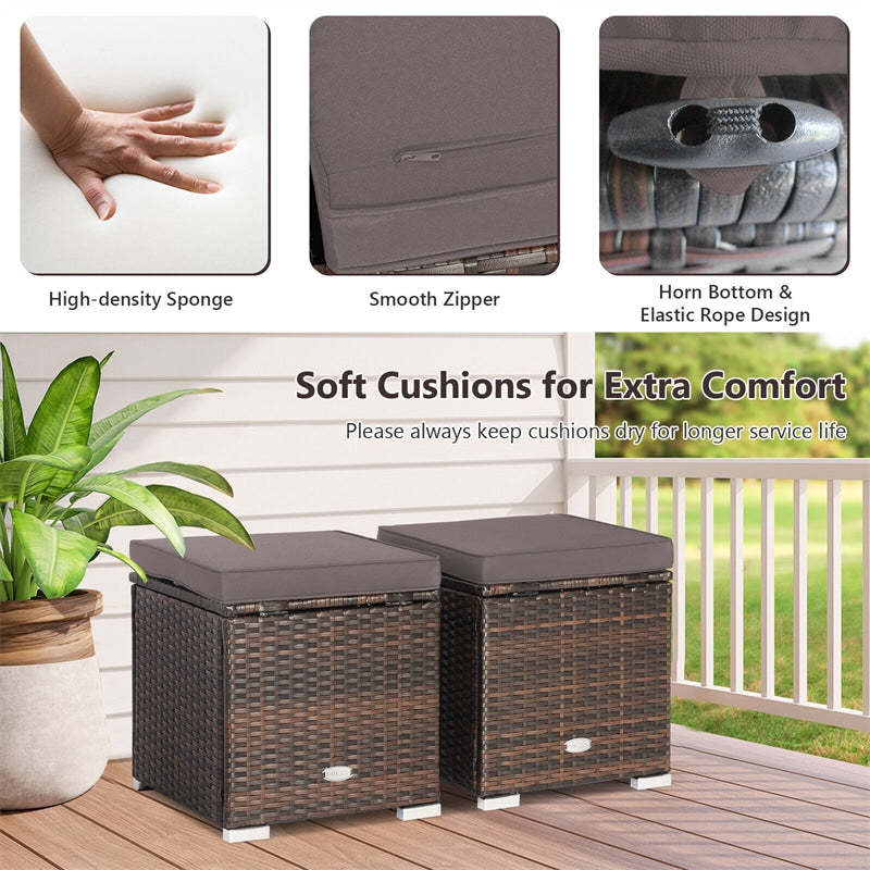 2PCS Wicker Patio Ottomans Hand-Woven PE Rattan Multipurpose Outdoor Footstool Side Table with Removable Cushions & Hidden Storage Box