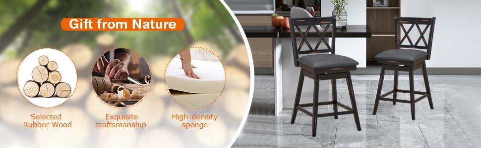 24 Inch Swivel Counter Height Bar Stool Set of 2 with Rubber Wood Legs Upholstered Cushion Backrest