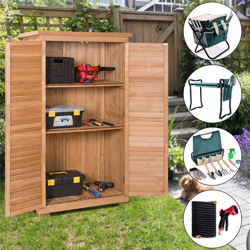 63" Outdoor Wooden Storage Shed, Garden Tool Cabinet with Double Lockable Doors, Latch Detachable Shelves & Pitch Roof for Patio, Lawn, Yard