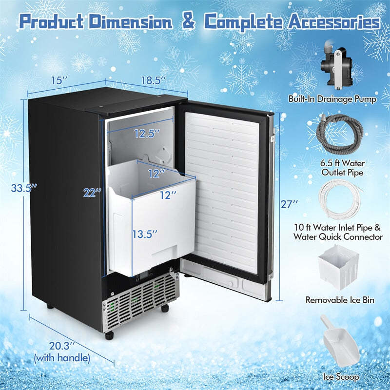 80LBS/24H Commercial Ice Maker, 15" Freestanding & Built-In Undercounter Ice Machine with Drain Pump, Self-Cleaning, LCD Display & 25LBS Bin