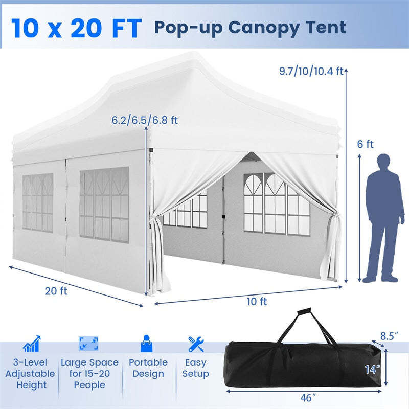 10x20FT Pop Up Canopy with 6 Removable Sidewalls & Carry Bag, UPF50+ Instant Setup Outdoor Canopy Tent for Weddings, Parties, Backyard & Beach