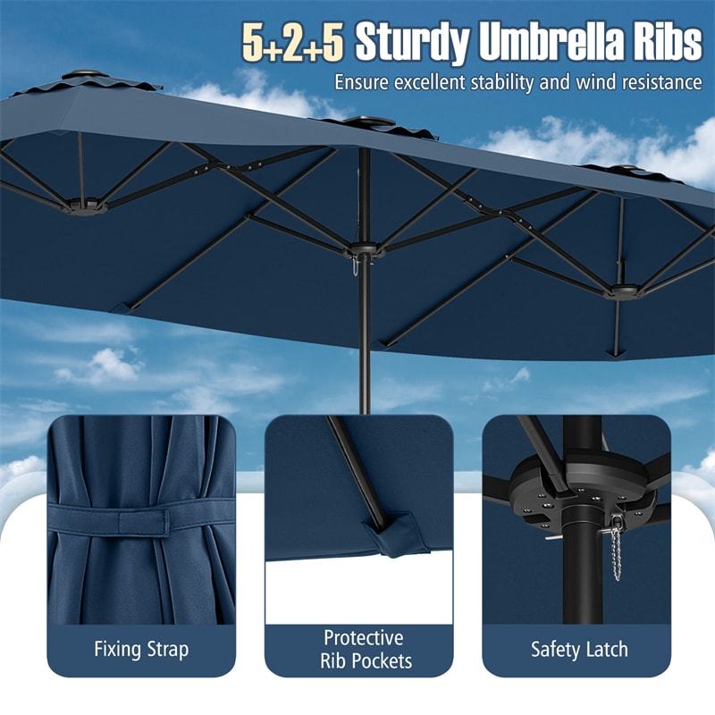 15.5FT Extra Large Patio Umbrella with 144 Solar LED Lights & Crank Handle, 12 Heavy-Duty Ribs Double-Sided Market Umbrella for Deck, Poolside