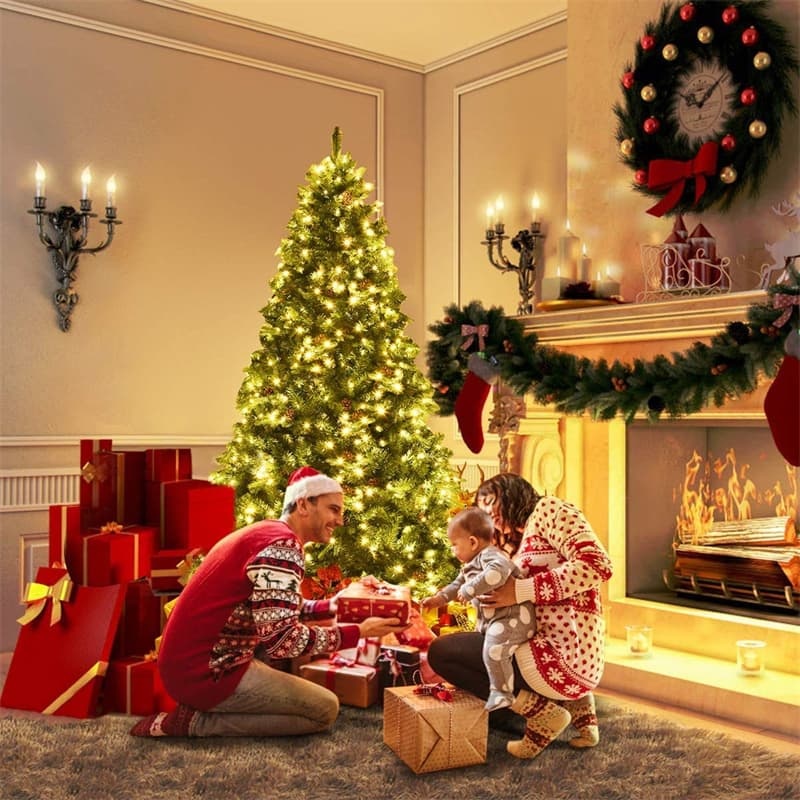 7/7.5/8 Feet Pre-Lit Artificial Christmas Tree Premium Spruce Hinged Tree with LED Lights & Pine Cones, Xmas Tree for Holiday Indoor Décor