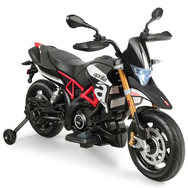 12V Kids Ride-On Motorcycle, Licensed Aprilia Electric Dirt Bike with Training Wheels, LED Lights & Music, Battery Powered Ride-On Car for Ages 3+