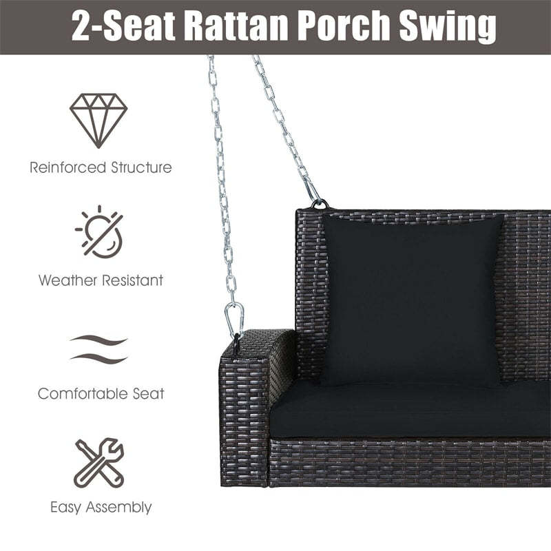 2-Person Wicker Patio Swing Bench with Removable Cushions & Reinforced Steel Chain, 800lbs Capacity Rattan Porch Swing for Backyard, Garden