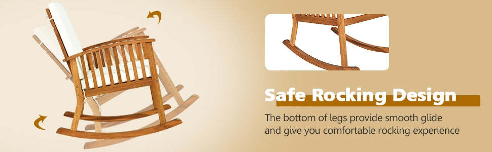 2-Piece Outdoor Rocking Bistro Set Acacia Wood Garden Patio Rocking Chair with Tea Table, Detachable Back & Seat Cushions