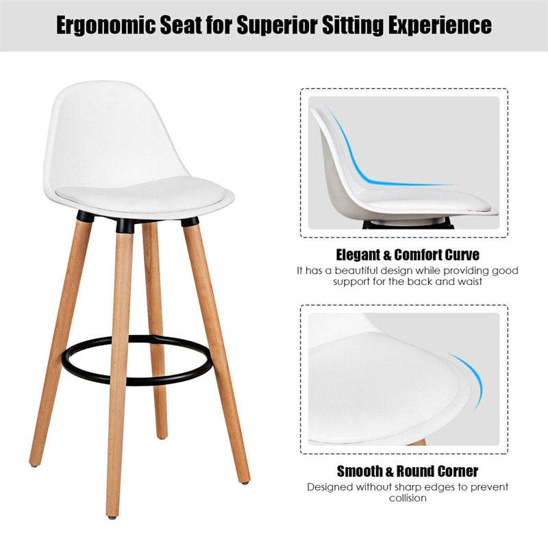 28.5" Mid-Century Barstool Set of 2 Armless Dining Pub Chair with PU Leather Seat & Round Metal Footrest