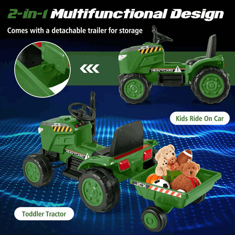 2-in-1 Kids Ride On Tractor with Detachable Trailer, 12V Electric Toy Car with Remote Control & LED Lights, Toddler Tractor for 3-8 Years